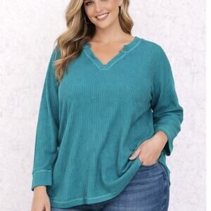 Logo By Lori Goldstein Waffle Knit Top Raw Hem V-Neck Teal Plus Size 2X Weekend